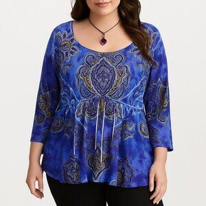 Womens Plus 3X Paisley Print Tunic Top Blue Purple Stretch Boho Festival Chic